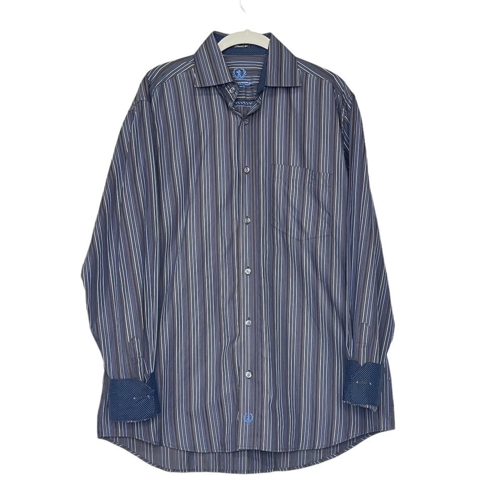 Bugatchi Uomo Shirt Mens Medium Grey Blue Striped‎ Flip Cuff Classic Fit Cotton